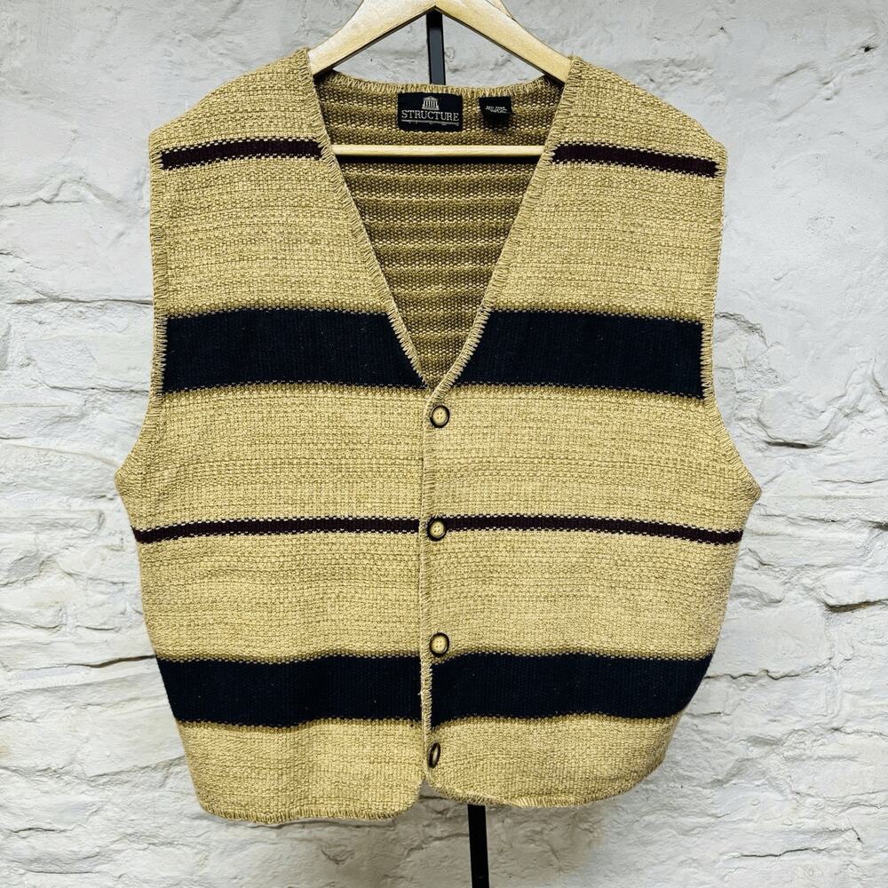 Vintage STRUCTURE Cardigan Knit Sweater Vest Men's XL Multicolor Stripes EUC Y2K